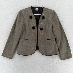 Vintage Emma James Jacket Womens 8P Brown Herringbone Embroidered Tweed Blazer